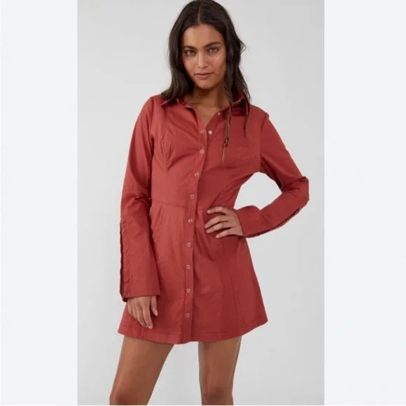 Free People Thea Button down Mini Shirt Dress Tunic Rust Color - Picture 3 of 10